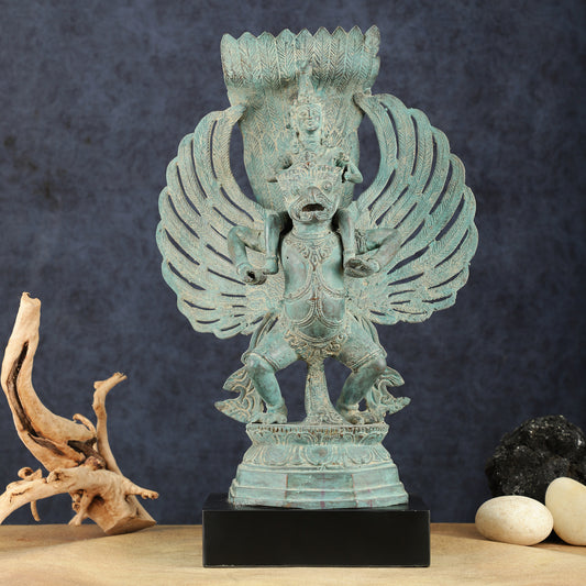 Indonesian Bronze Lord Vishnu Riding on Garuda Sculpture | Lost Wax | 21" Height |