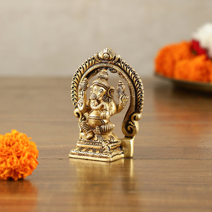 Small Pure Brass Ganesha Lakshmi Saraswati Idols with Prabhavali - 3 Inch