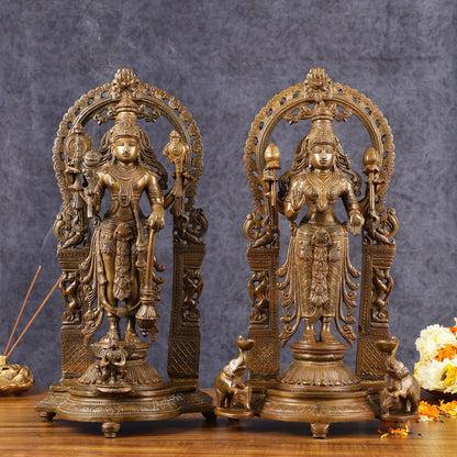 Antique Chola Style Pure Brass Lord Vishnu and Goddess Lakshmi Statues | 16 inch