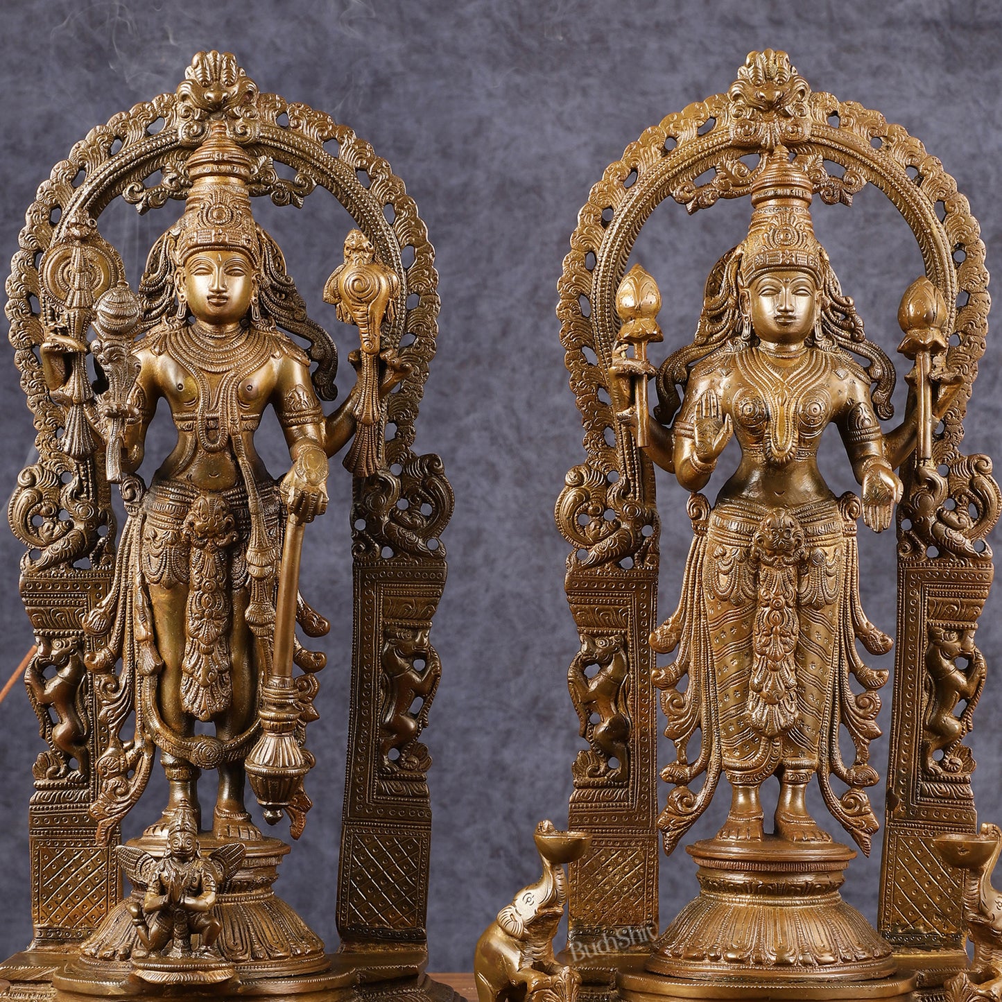 Antique Chola Style Pure Brass Lord Vishnu and Goddess Lakshmi Statues | 16 inch