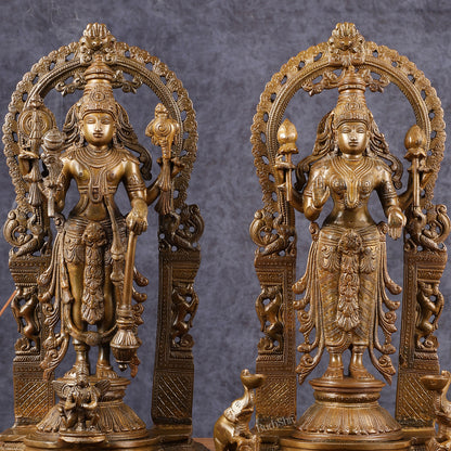 Antique Chola Style Pure Brass Lord Vishnu and Goddess Lakshmi Statues | 16 inch