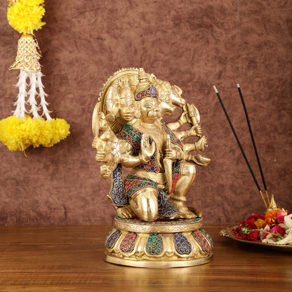 Brass Superfine Panchmukhi Hanuman with Stonework - 10"