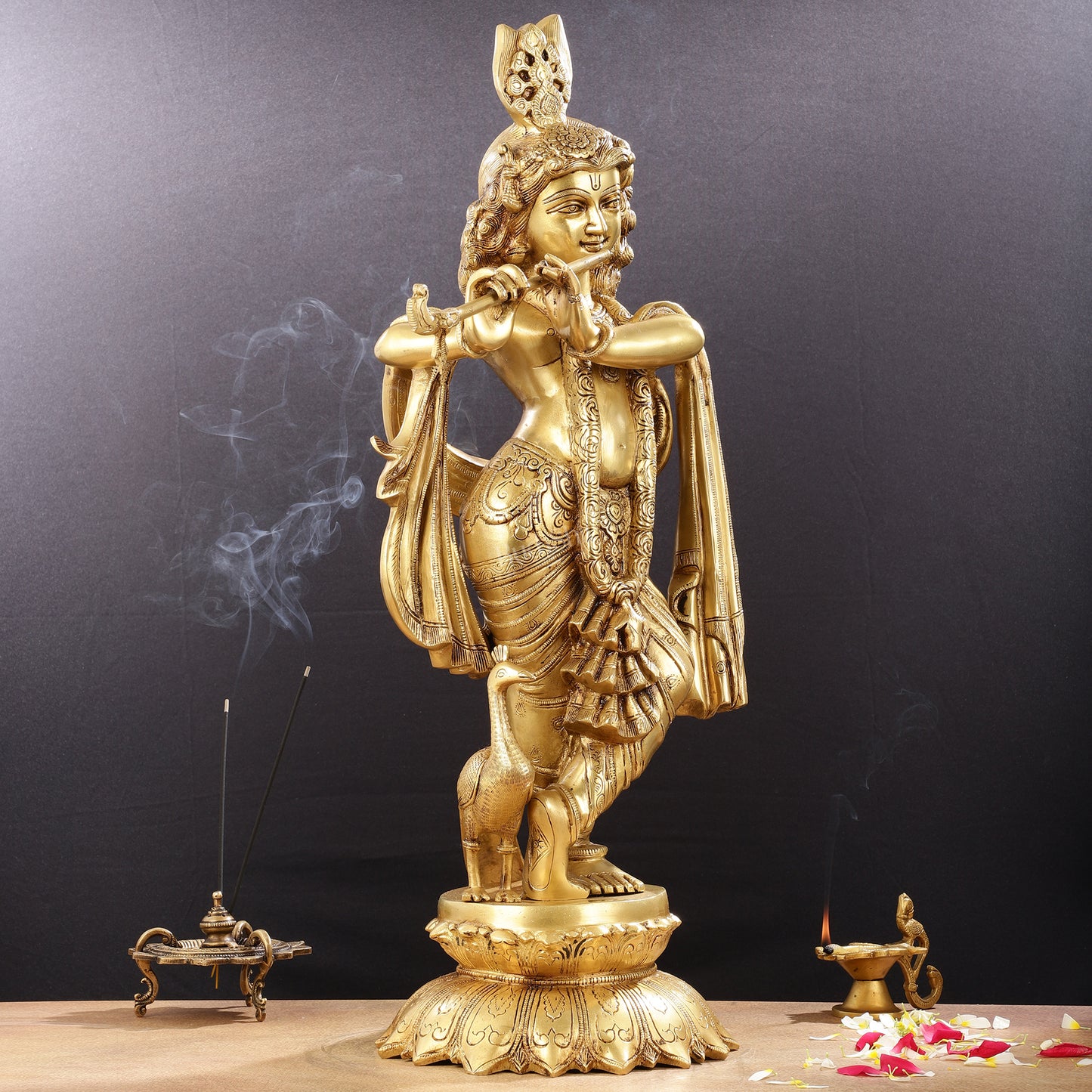 Pure Brass Superfine Krishna Statue with Peacock | Smiling Face | 27"