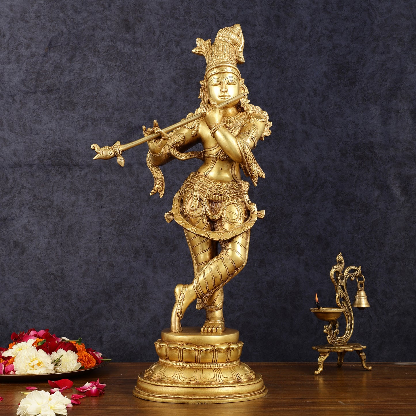 Exquisite 22-Inch Pure Brass Lord Krishna Statue