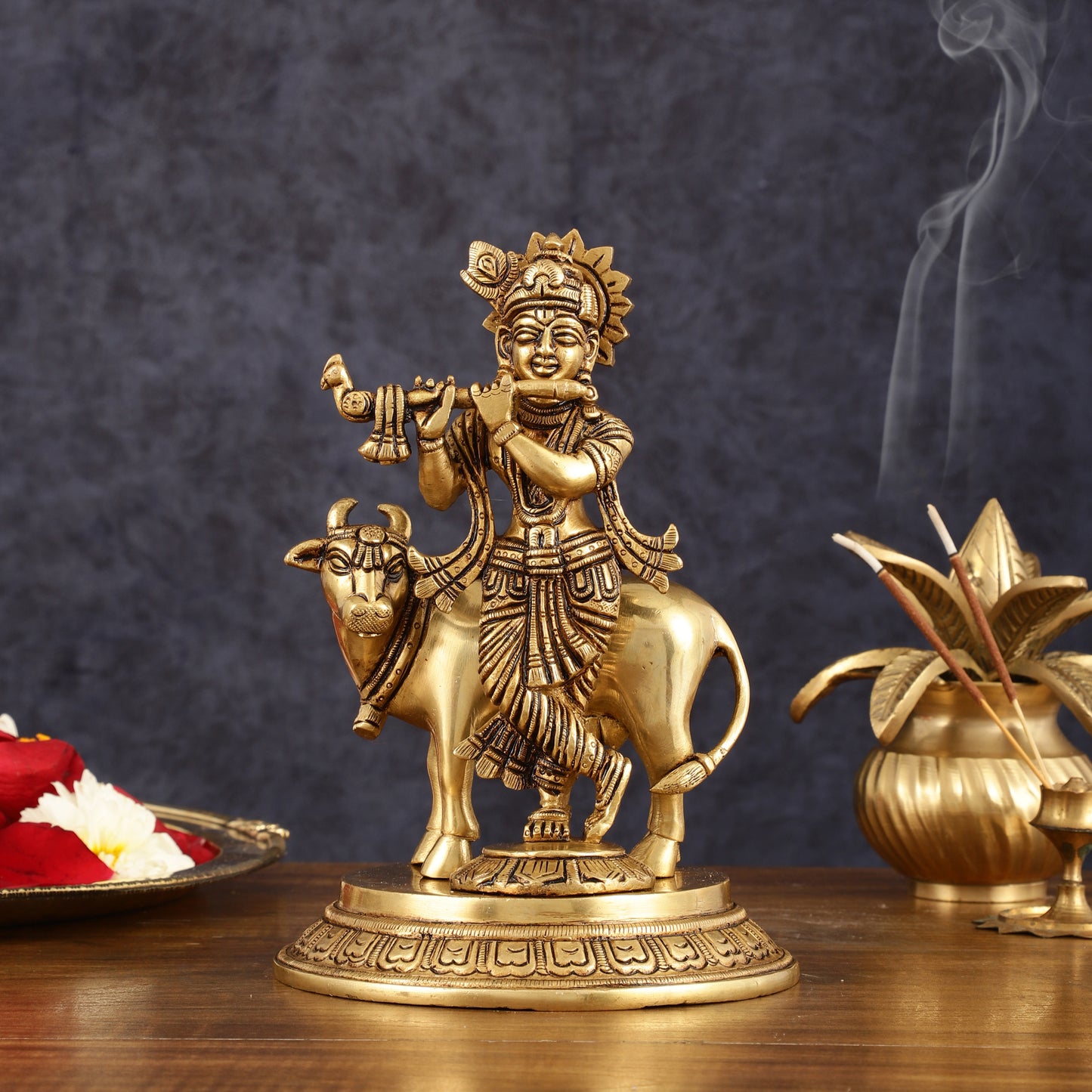 Pure Brass Krishna with Cow Idol - 8" Height