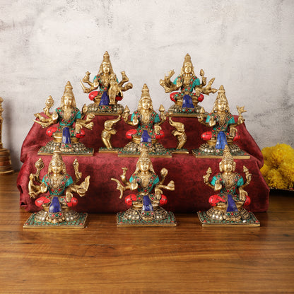 Pure Brass Ashtalakshmi Idols with Stonework - Set of 8 pcs - 5.5 inch