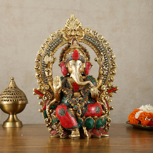 Brass Ganesha Statue on Lotus Throne with Prabhavali Arch - 15.5