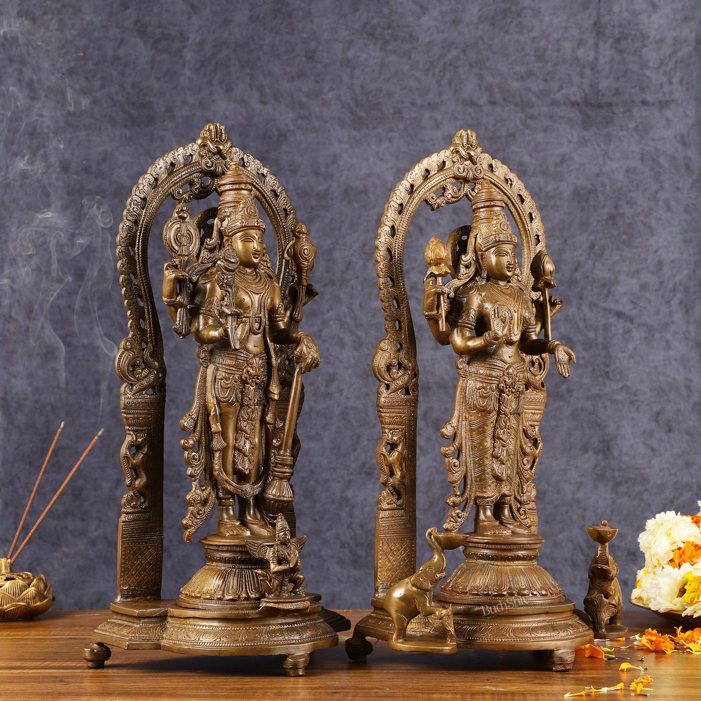 Antique Chola Style Pure Brass Lord Vishnu and Goddess Lakshmi Statues | 16 inch