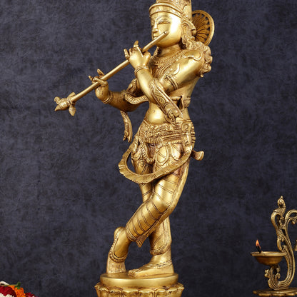 Exquisite 22-Inch Pure Brass Lord Krishna Statue