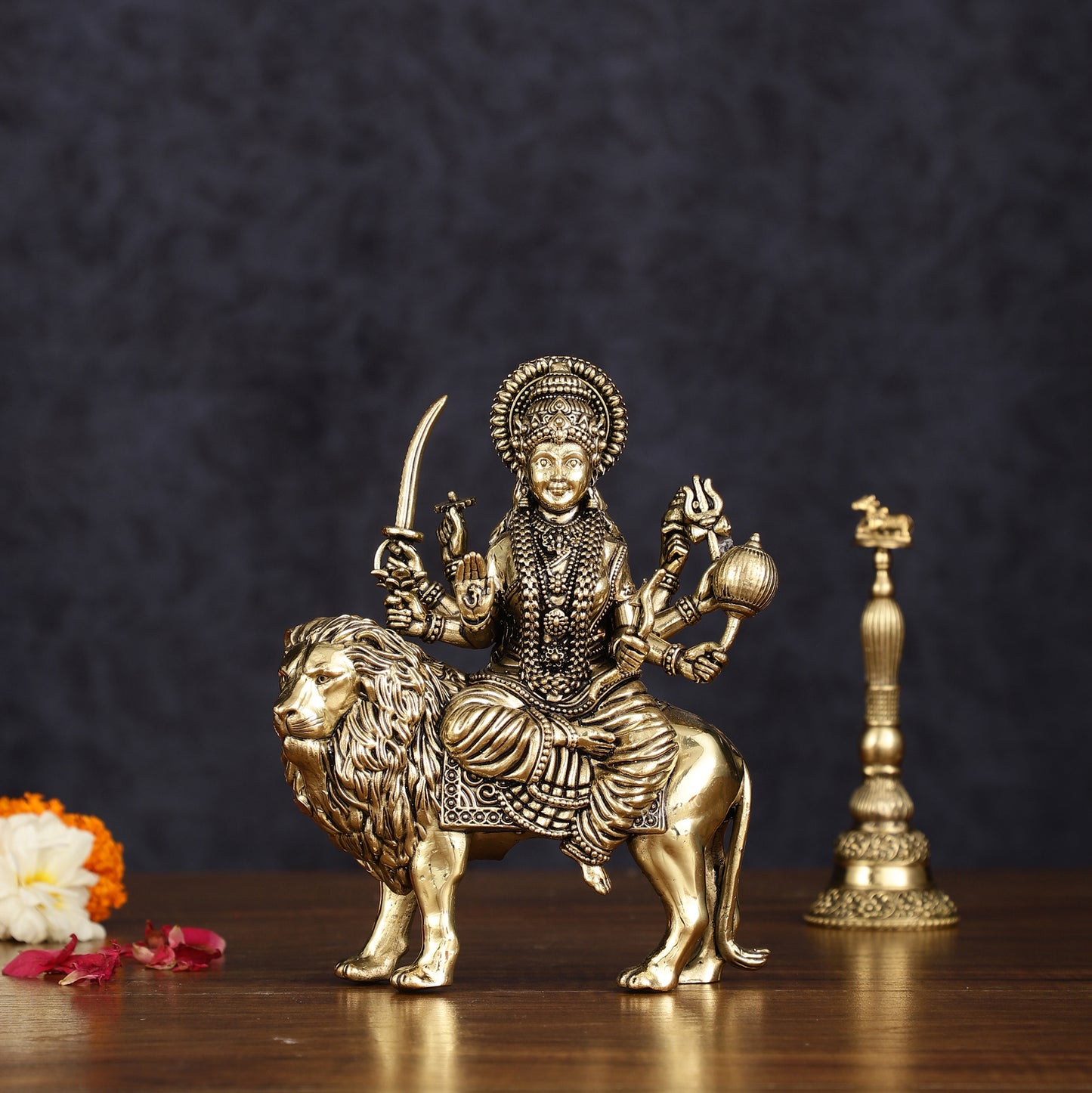 Brass Superfine Goddess Durga Ambe Mata Sitting on Lion - 6" Tall