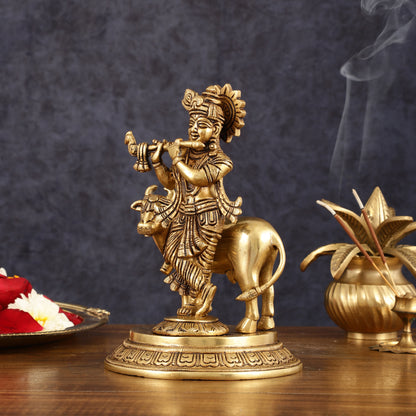 Pure Brass Krishna with Cow Idol - 8" Height