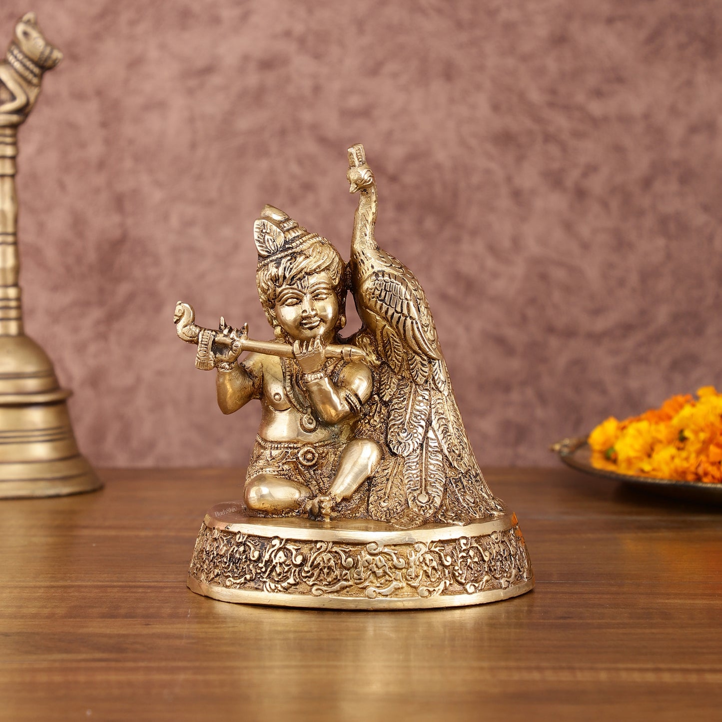 Brass Superfine Baal Gopal Krishna with Peacock | 7 Inch Height