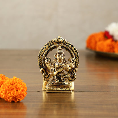 Small Pure Brass Ganesha Lakshmi Saraswati Idols with Prabhavali - 3 Inch