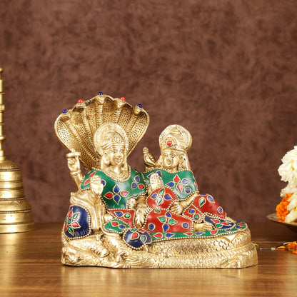 Lakshmi Narayan/ Vishnu Lakshmi brass idol resting on Sheshnaag Golden finish