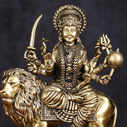 Brass Superfine Goddess Durga Ambe Mata Sitting on Lion - 6" Tall