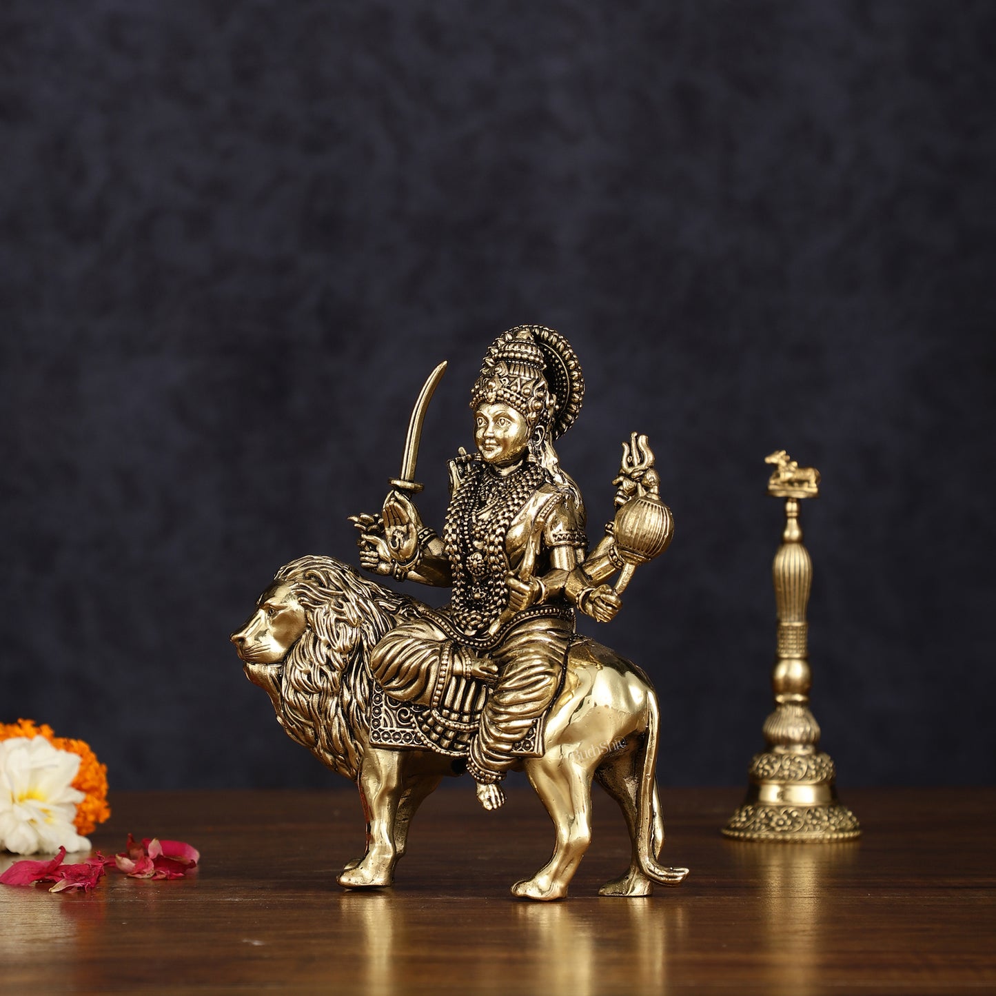 Brass Superfine Goddess Durga Ambe Mata Sitting on Lion - 6" Tall