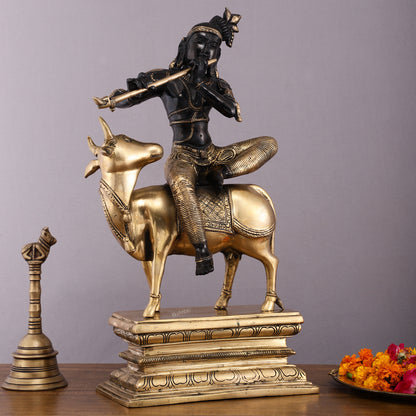 Brass Venugopal Krishna on Cow Statue - 21" Height with Black Gold Finish