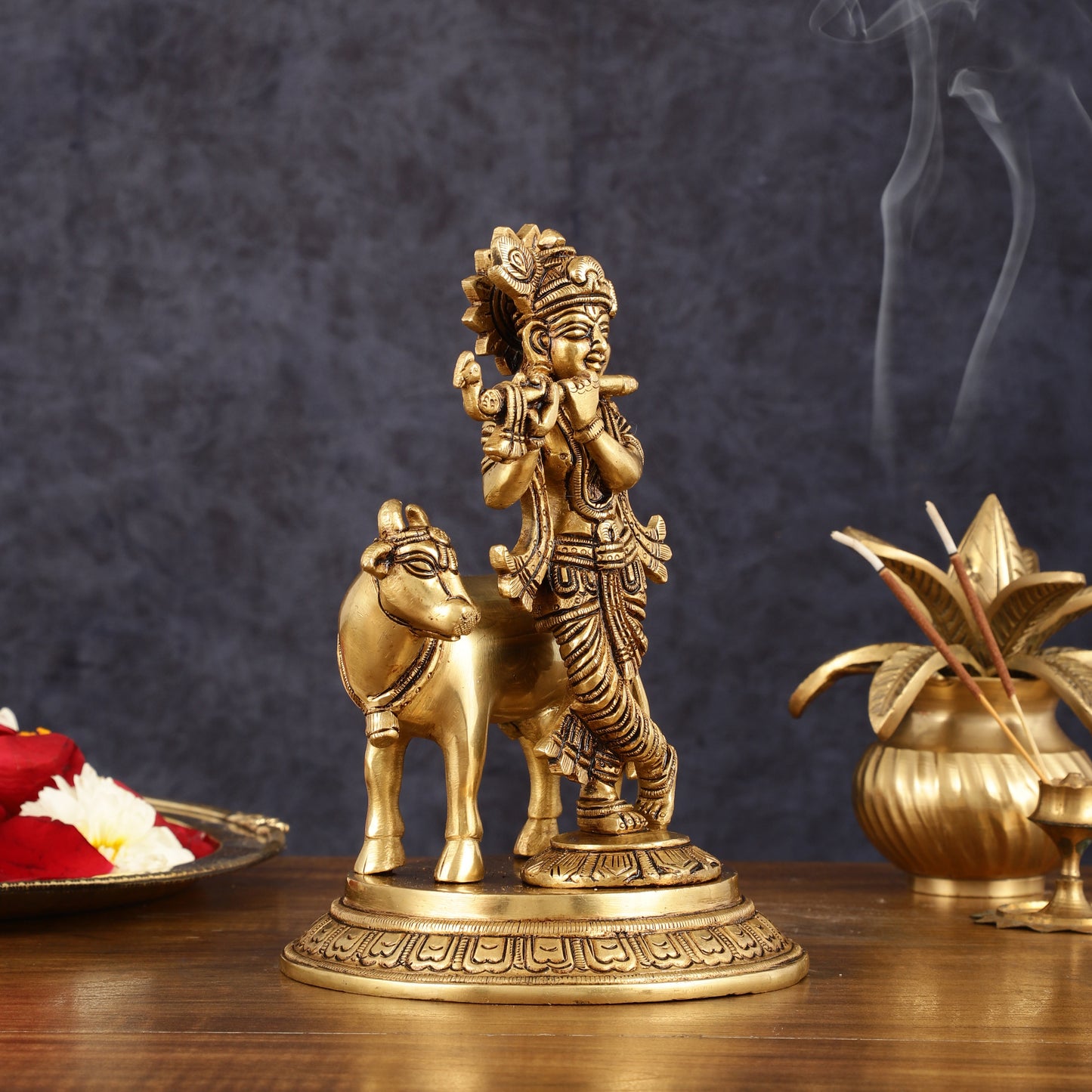 Pure Brass Krishna with Cow Idol - 8" Height