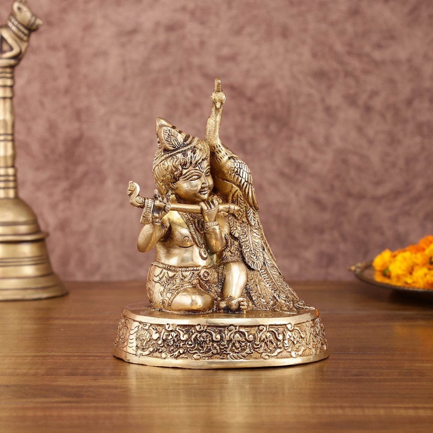 Brass Superfine Baal Gopal Krishna with Peacock | 7 Inch Height