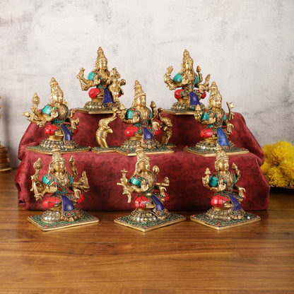 Pure Brass Ashtalakshmi Idols with Stonework - Set of 8 pcs - 5.5 inch