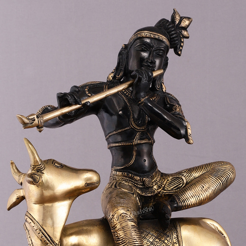 Brass Venugopal Krishna on Cow Statue - 21" Height with Black Gold Finish