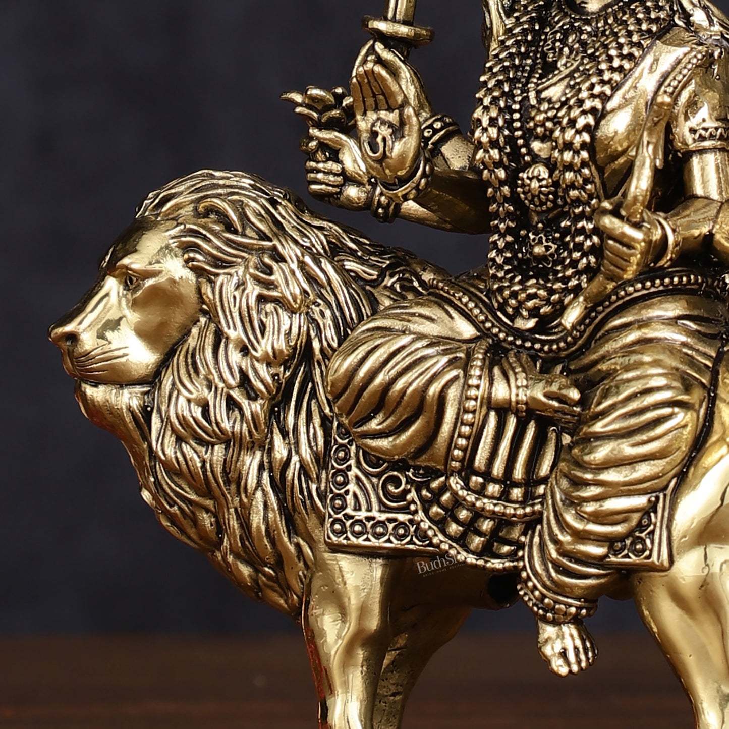 Brass Superfine Goddess Durga Ambe Mata Sitting on Lion - 6" Tall