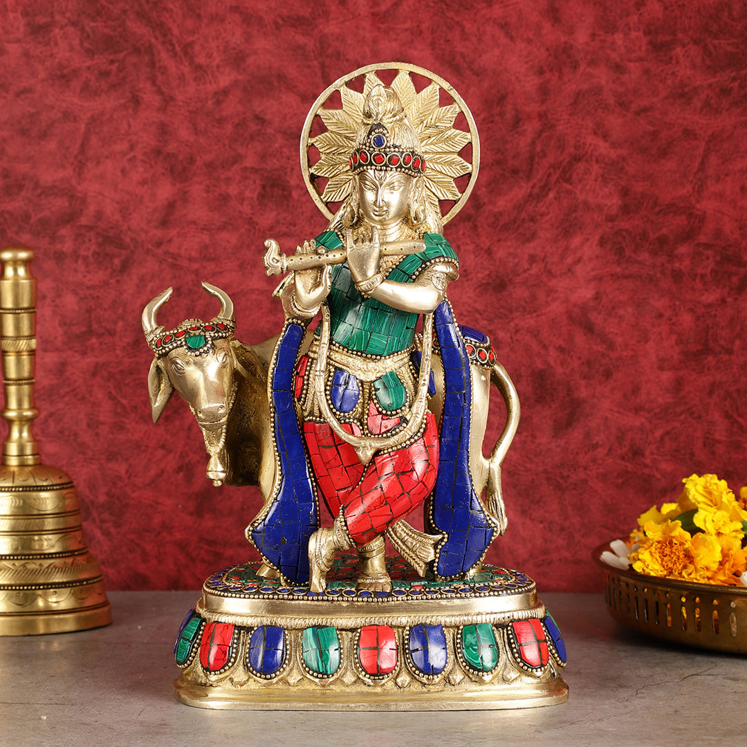 Exquisite Brass Lord Krishna Statue with cow idol 9"