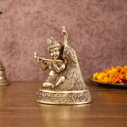 Brass Superfine Baal Gopal Krishna with Peacock | 7 Inch Height