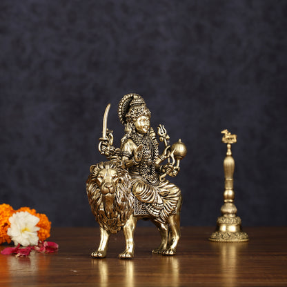 Brass Superfine Goddess Durga Ambe Mata Sitting on Lion - 6" Tall