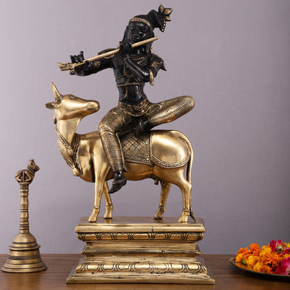 Brass Venugopal Krishna on Cow Statue - 21" Height with Black Gold Finish