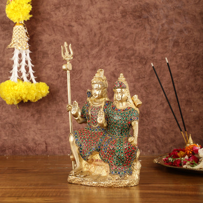 Brass Seated Shiv Parvati Idol with Stonework - 9"