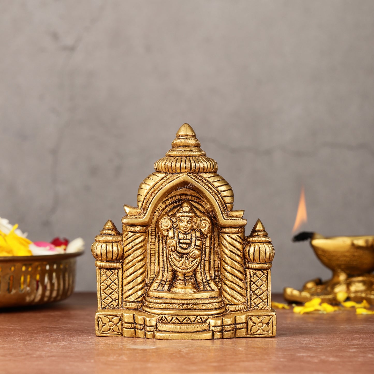 Pure Brass Superfine Miniature Tirupati Balaji Idol with Temple - 4"