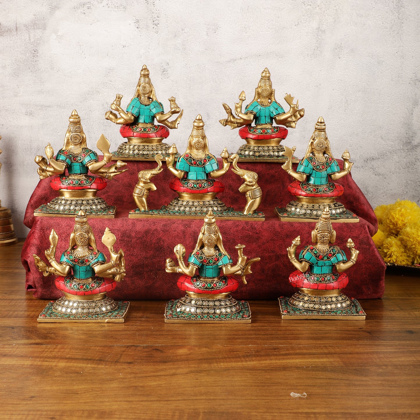 Pure Brass Ashtalakshmi Idols with Stonework - Set of 8 pcs - 5.5 inch