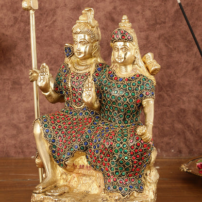 Brass Seated Shiv Parvati Idol with Stonework - 9"