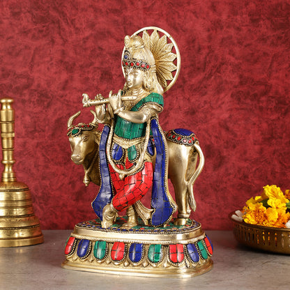 Exquisite Brass Lord Krishna Statue with cow idol 9"