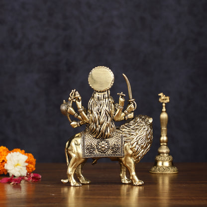 Brass Superfine Goddess Durga Ambe Mata Sitting on Lion - 6" Tall