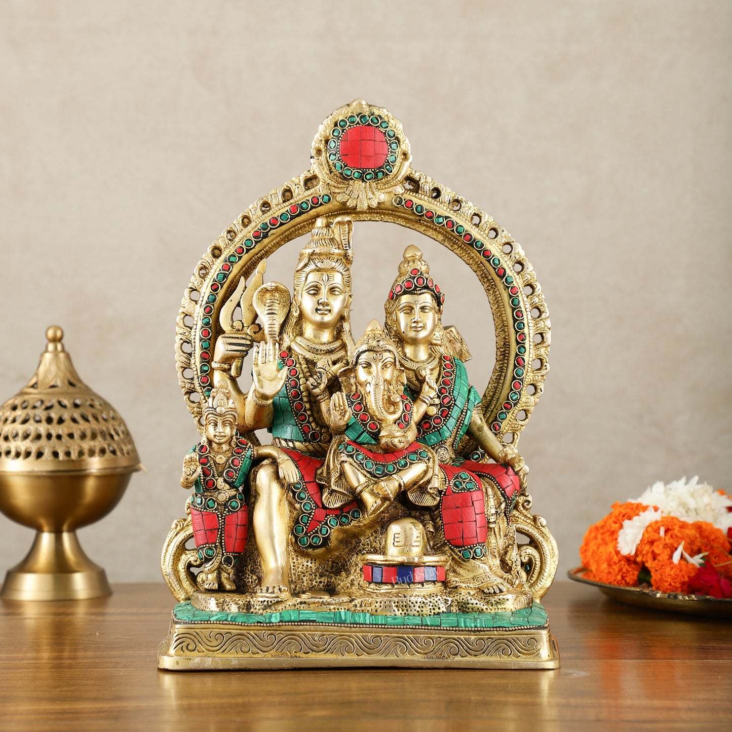 Brass Shiv Parivar Idol with Frame - 12.5 inch stonework