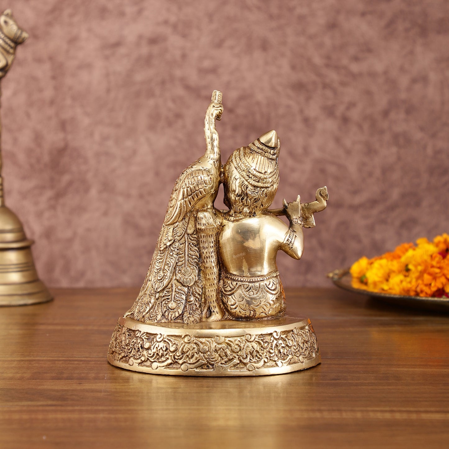 Brass Superfine Baal Gopal Krishna with Peacock | 7 Inch Height