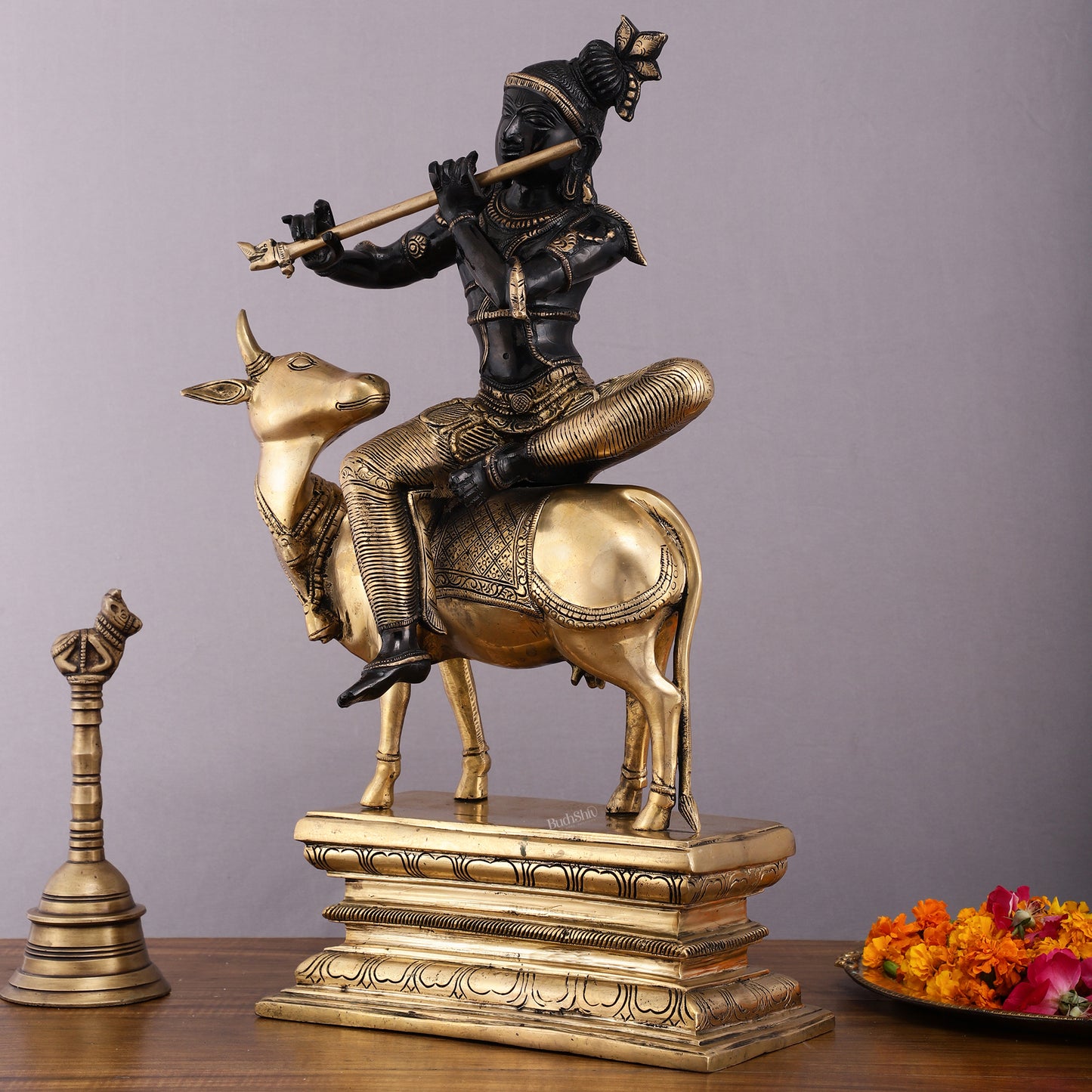 Brass Venugopal Krishna on Cow Statue - 21" Height with Black Gold Finish