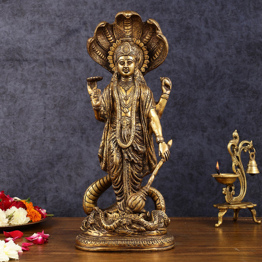 Brass Lord Vishnu Standing Idol with Sheshanaag antique 17 inch