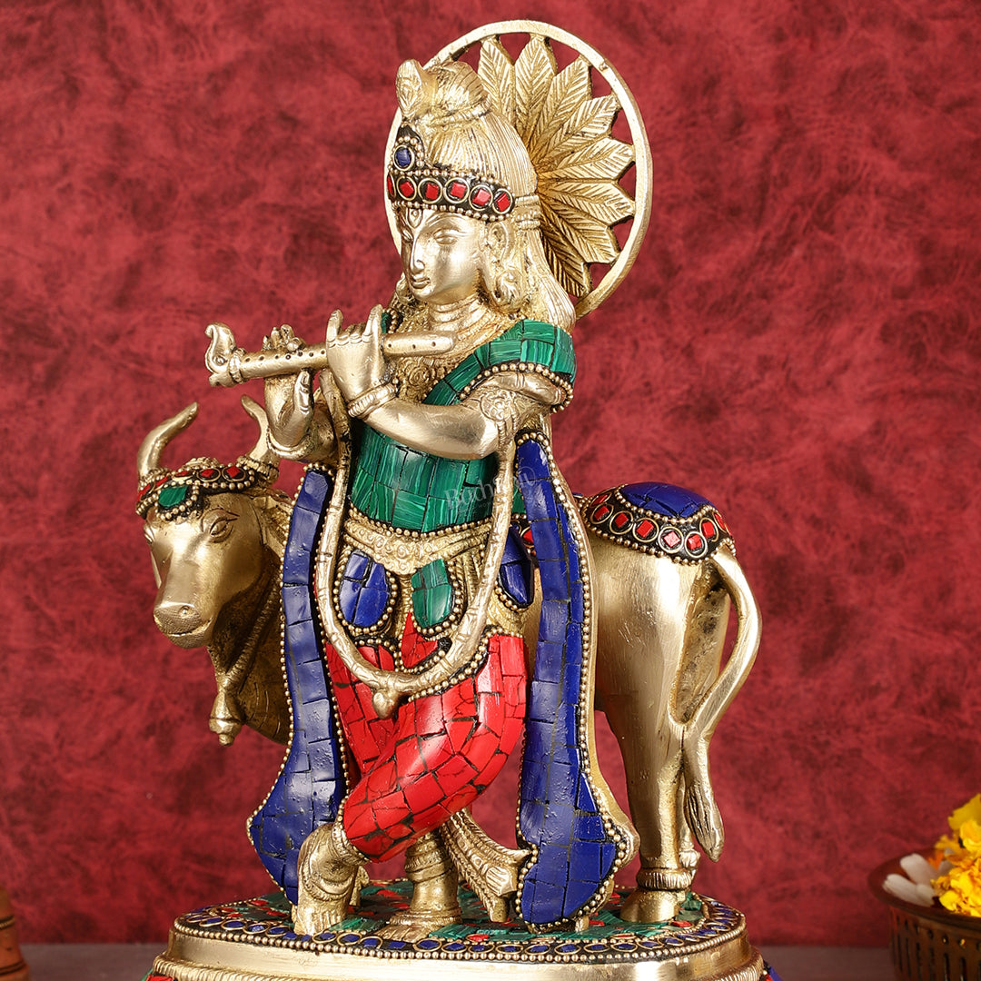 Exquisite Brass Lord Krishna Statue with cow idol 9"