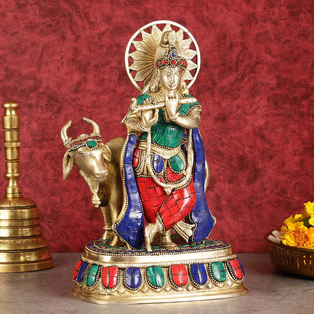 Exquisite Brass Lord Krishna Statue with cow idol 9"