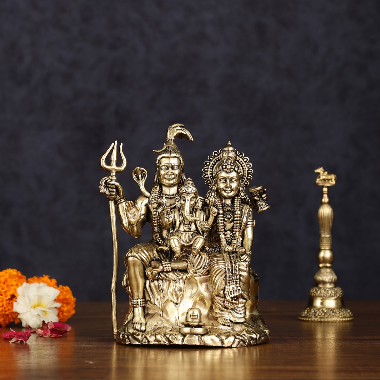 Pure Brass Shiv Parivar with Shiva, Parvati, and Ganesha - Intricate Lightweight Idol, 6" Tall