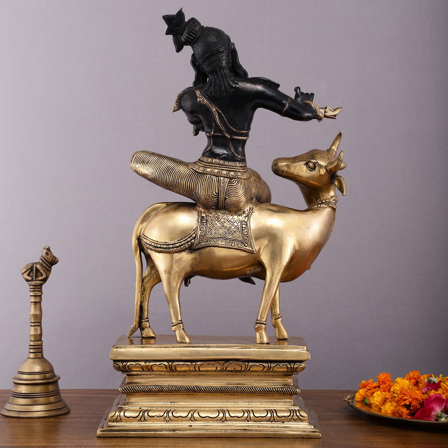 Brass Venugopal Krishna on Cow Statue - 21" Height with Black Gold Finish