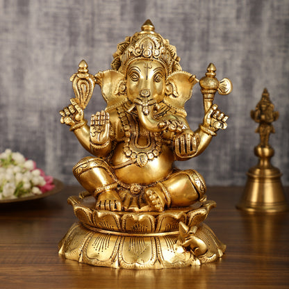 Brass Superfine Ganesha on lotus Statue | 9.5 Inch Height