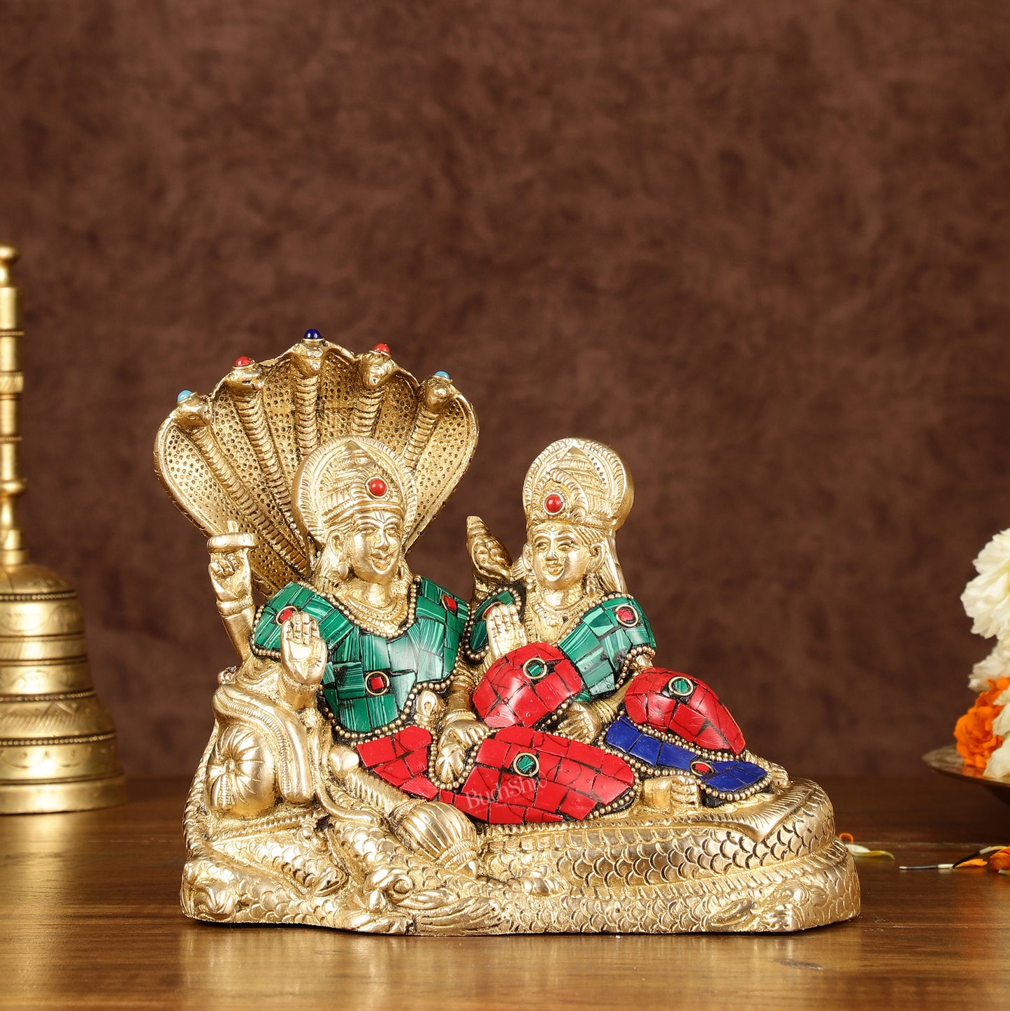 Lakshmi Narayan/ Vishnu Lakshmi brass idol resting on Sheshnaag Golden finish