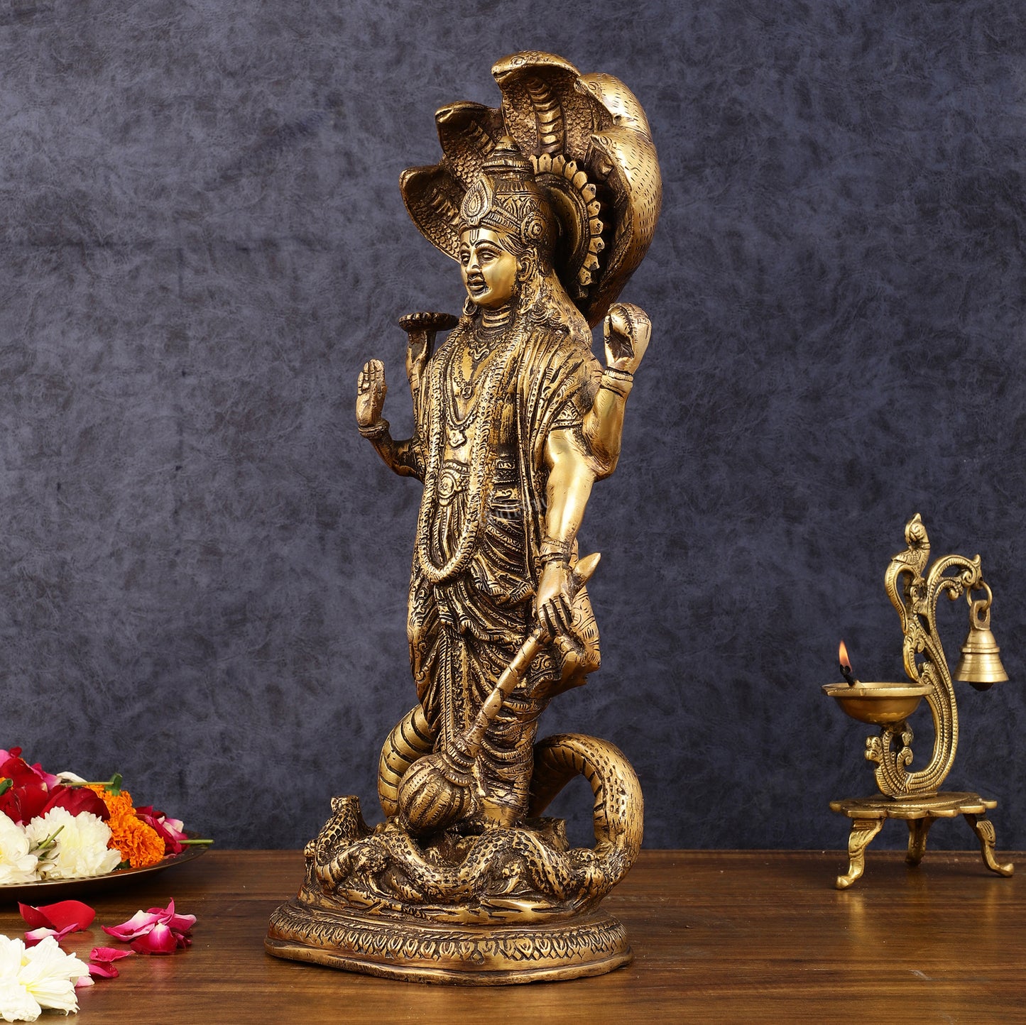 Brass Lord Vishnu Standing Idol with Sheshanaag antique 17 inch