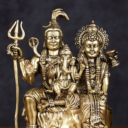 Pure Brass Shiv Parivar with Shiva, Parvati, and Ganesha - Intricate Lightweight Idol, 6" Tall