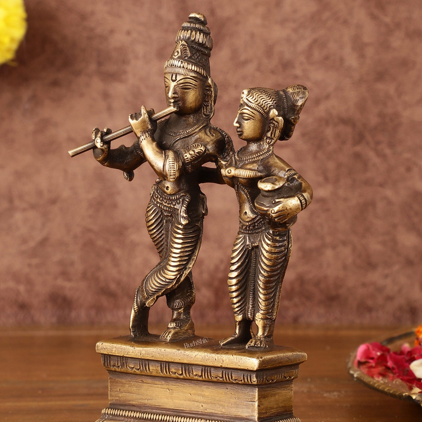 Antique Brass Small Radha Krishna Idol - 6.5" Tall