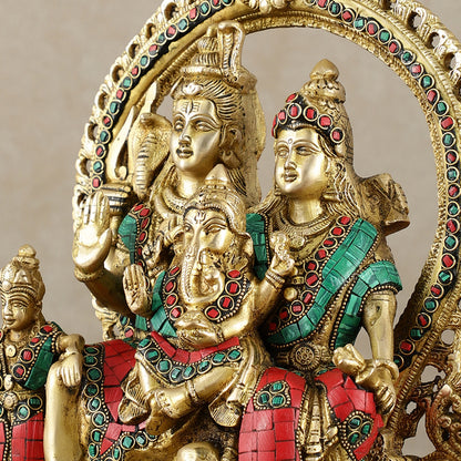 Brass Shiv Parivar Idol with Frame - 12.5 inch stonework